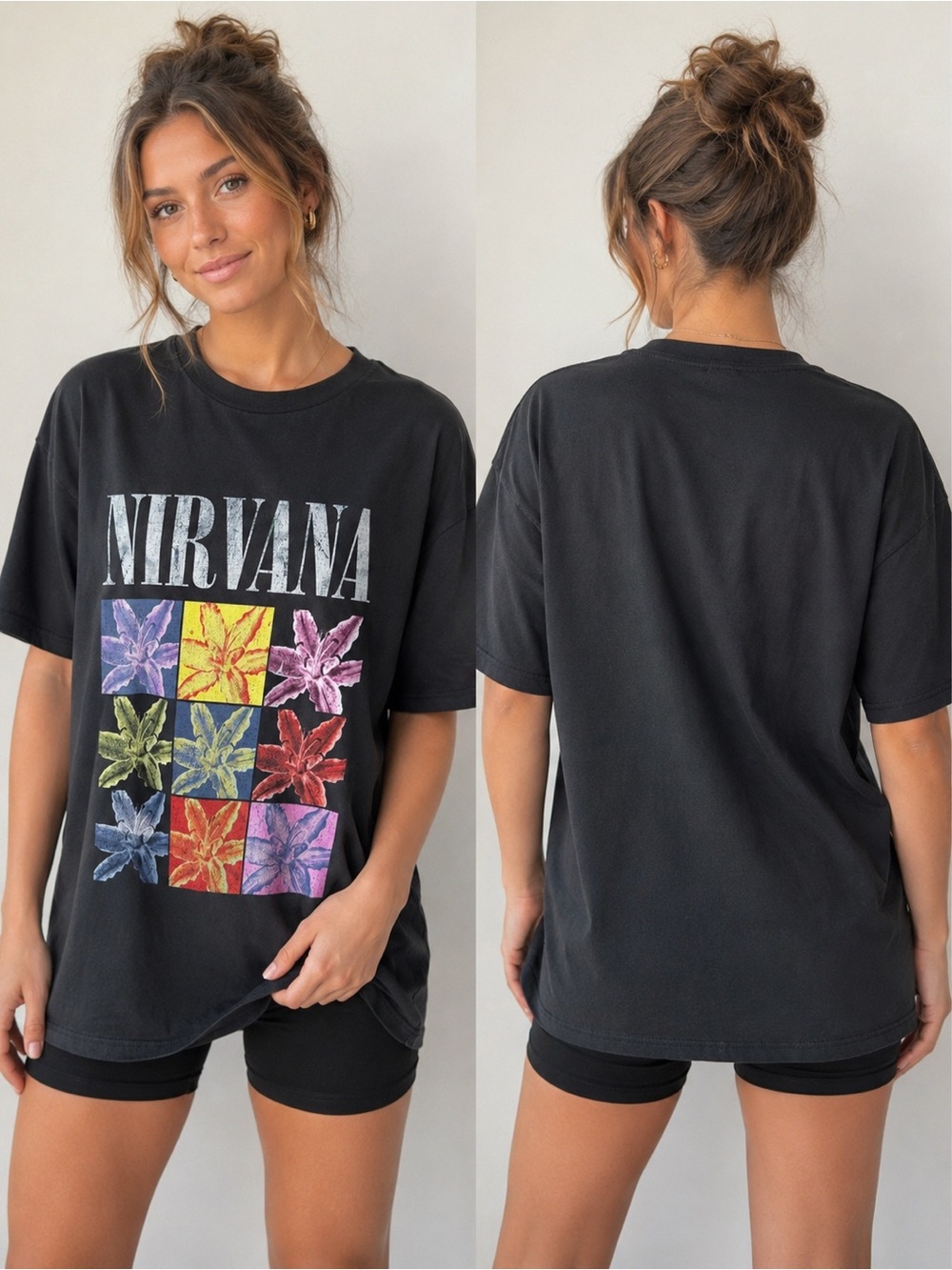 NIRVANA Black Tee with Multicolor Floral Grid